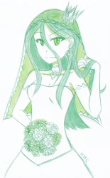 Size: 1760x2841 | Tagged: safe, artist:dragonemperror2810, queen chrysalis, human, clothes, dress, flower, humanized, looking at you, smiling, solo, wedding dress