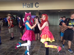 Size: 526x394 | Tagged: safe, artist:lochlan o'neil, artist:sarahndipity cosplay, pinkie pie, sunset shimmer, human, equestria girls, rainbow rocks, bronycon, clothes, cosplay, high heels, irl, irl human, pantyhose, photo, shoes, skirt