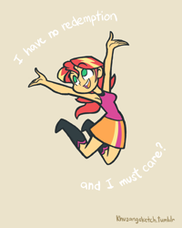 Size: 1200x1500 | Tagged: safe, artist:khuzang, sunset shimmer, equestria girls, armpits, clothes, engrish, skirt, solo