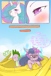 Size: 1280x1920 | Tagged: safe, artist:cold-blooded-twilight, princess celestia, spike, twilight sparkle, alicorn, dragon, pony, comic:cold storm, angry, chariot, comic, explicit source