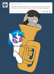 Size: 679x937 | Tagged: safe, artist:freckles, dj pon-3, octavia melody, vinyl scratch, earth pony, pony, unicorn, eyes closed, fetish, floppy ears, gritted teeth, horn, horn vore, joke, pun, request, vinyl pred, visual pun, vore, wat