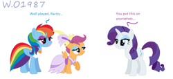 Size: 1024x466 | Tagged: safe, artist:wildokami1987, derpibooru import, rainbow dash, rarity, scootaloo, pegasus, pony, unicorn, clothes, dialogue, dress, female, filly, lipstick, makeover, makeup, mare, rainbow dash always dresses in style, raised hoof, revenge, tomboy taming