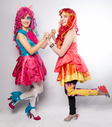 Size: 3264x3695 | Tagged: safe, artist:lochlan o'neil, artist:sarahndipity cosplay, pinkie pie, sunset shimmer, human, equestria girls, rainbow rocks, clothes, cosplay, high heels, irl, irl human, pantyhose, photo, shoes, skirt