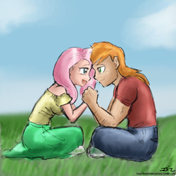 Size: 850x850 | Tagged: safe, artist:johnjoseco, artist:michos, big macintosh, fluttershy, human, clothes, duo, female, fluttermac, holding hands, humanized, jeans, long skirt, looking at each other, male, pants, shipping, shoes, skirt, straight