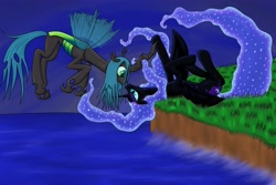 Size: 4380x2920 | Tagged: safe, artist:thegr8mc, nightmare moon, queen chrysalis, changeling, changeling queen, chrysmoon, eye contact, female, flying, lesbian, missing accessory, on back, shipping, water