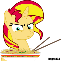 Size: 1024x1026 | Tagged: safe, artist:roger334, sunset shimmer, pony, unicorn, angry, bowl, chinese food, chopsticks, food, glare, looking at you, noodles, simple background, solo, transparent background, vector