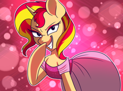 Size: 500x369 | Tagged: safe, artist:pixel-prism, sunset shimmer, pony, unicorn, bedroom eyes, clothes, dress, eyeshadow, grin, looking at you, smiling, solo, twilight sparkle's secret shipfic folder