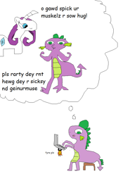 Size: 712x964 | Tagged: safe, rarity, spike, dragon, pony, unicorn, comic, comic sans, computer, dialogue, laptop computer, ms paint, muscles, sitting, stylistic suck, text, thought bubble