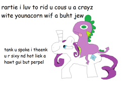 Size: 1368x920 | Tagged: safe, rarity, spike, dragon, pony, unicorn, comic sans, dialogue, female, male, ms paint, poe's law, riding, shipping, sparity, straight, stylistic suck, text, tongue out