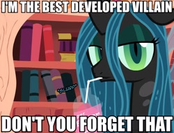 Size: 650x500 | Tagged: safe, artist:mixermike622, queen chrysalis, changeling, changeling queen, best villain, changeling feeding, drink, image macro, love, meme, opinion, solo, tumblr:ask fluffle puff