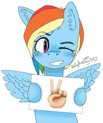 Size: 375x449 | Tagged: safe, artist:itzdatag0ndray, derpibooru import, rainbow dash, pegasus, pony, cute, ear fluff, emoji, emoticon, one eye closed, peace sign, sign, simple background, smiling, solo, white background, wink