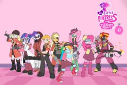 Size: 1210x810 | Tagged: safe, artist:metal-kitty, applejack, big macintosh, derpy hooves, fluttershy, pinkie pie, rainbow dash, rarity, sunset shimmer, twilight sparkle, equestria girls, crossover, humane seven, humane six, mane six, team fortress 2