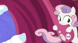 Size: 1466x819 | Tagged: safe, screencap, sweetie belle, for whom the sweetie belle toils, eaten alive, hub logo, solo, uvula, vore