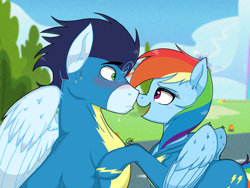 Size: 2048x1536 | Tagged: safe, artist:pimpartist101, derpibooru import, rainbow dash, soarin', pegasus, pony, blushing, clothes, cloud, female, looking at each other, male, mare, multicolored hair, shipping, sky, smiling, soarindash, stallion, straight, sweat, uniform, wonderbolts, wonderbolts uniform