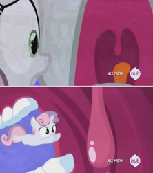 Size: 842x950 | Tagged: safe, edit, edited screencap, screencap, rarity, sweetie belle, pony, unicorn, for whom the sweetie belle toils, comic, hub logo, screencap comic, uvula, vore