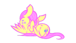 Size: 1280x720 | Tagged: safe, artist:lazy, fluttershy, pegasus, pony, female, floppy ears, hooves to the chest, mare, on back, open mouth, simple background, solo, three quarter view, transparent background, wings