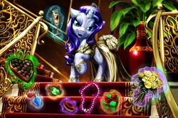 Size: 2000x1333 | Tagged: safe, artist:harwick, rarity, pony, unicorn, chocolate, donut, flower, gem, glass, jewelry, magic, necklace, old version, present, wine