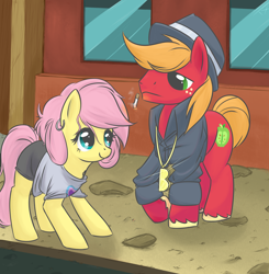 Size: 1376x1405 | Tagged: dead source, safe, artist:tex, big macintosh, fluttershy, earth pony, pegasus, pony, 80s, cigarette, clothes, earring, female, fluttermac, hat, male, piercing, pimp, shipping, shirt, smoking, stallion, straight, t-shirt