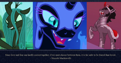 Size: 1024x535 | Tagged: safe, artist:luigi-mario, king sombra, nightmare moon, queen chrysalis, changeling, changeling queen, pony, unicorn, the cutie re-mark, alternate timeline, crystal empire, crystal war timeline, medieval 2: total war, niccolò machiavelli, philosophy