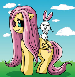 Size: 576x588 | Tagged: safe, artist:xkappax, angel bunny, fluttershy, pegasus, pony, rabbit, female, mare, pet, pink mane, yellow coat