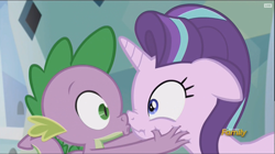 Size: 1960x1100 | Tagged: safe, screencap, spike, starlight glimmer, dragon, pony, unicorn, the crystalling, discovery family logo, imminent kissing, out of context, scrunchy face