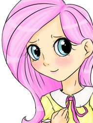 Size: 407x536 | Tagged: safe, artist:melipuffles, fluttershy, human, clothes, female, humanized, pink hair