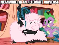 Size: 650x500 | Tagged: safe, artist:mixermike622, edit, queen chrysalis, spike, oc, oc:fluffle puff, changeling, changeling queen, dragon, princess spike (episode), alternate universe, canon x oc, chrysipuff, crown, crying, eyes closed, female, hug, image macro, jewelry, lesbian, meanwhile, meme, queen, regalia, scared, shipping, smiling, stool, tumblr:ask fluffle puff