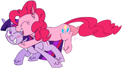 Size: 1229x682 | Tagged: safe, artist:ponett, derpibooru import, pinkie pie, twilight sparkle, earth pony, pony, female, hug, lesbian, shipping, twinkie, unshorn fetlocks