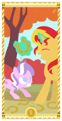 Size: 400x775 | Tagged: safe, artist:janeesper, diamond tiara, sunset shimmer, pony, angry, card, horseshoes, laughing, magic, tarot, tarot card, telekinesis