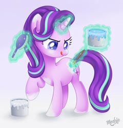 Size: 1280x1336 | Tagged: safe, artist:imoshie, rarity, starlight glimmer, pony, unicorn, brush, cute, female, glimmerbetes, glowing horn, hairbrush, horn, magic, mare, paint, rarity's cutie mark, solo, telekinesis, tongue out