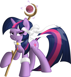 Size: 2933x3180 | Tagged: safe, artist:ratchethun, derpibooru import, twilight sparkle, unicorn twilight, unicorn, headband, jewelry, kanji, league of legends, lidded eyes, looking back, necklace, simple background, solo, soraka, staff, transparent background, vector, wristband