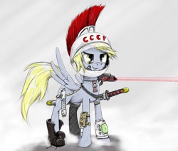 Size: 1148x972 | Tagged: safe, artist:madhotaru, derpy hooves, pegasus, pony, fallout equestria, boot, cccp, female, helmet, katana, mare, predator, star wars, sword, warhammer (game), warhammer 40k, weapon