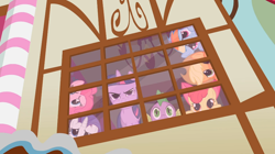 Size: 1054x592 | Tagged: safe, derpibooru import, screencap, apple bloom, applejack, pinkie pie, rainbow dash, rarity, spike, twilight sparkle, dragon, earth pony, pegasus, pony, unicorn, bridle gossip, window