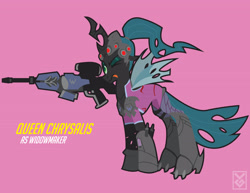 Size: 3300x2550 | Tagged: safe, artist:inspectornills, queen chrysalis, changeling, changeling queen, clothes, crossover, gun, overwatch, rifle, solo, weapon, widowmaker