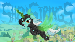 Size: 1920x1080 | Tagged: safe, artist:rangelost, lyra heartstrings, queen chrysalis, changeling, changeling queen, hybrid, chitin, fanfic art, fanfic cover, flying, fusion, superhero