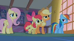 Size: 1054x592 | Tagged: safe, derpibooru import, screencap, apple bloom, applejack, fluttershy, rainbow dash, earth pony, pegasus, pony, bridle gossip, female, filly, mare