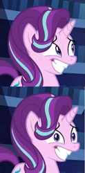 Size: 377x768 | Tagged: safe, screencap, starlight glimmer, pony, unicorn, the crystalling, grin, nervous, reaction image, shit eating grin, smiling, solo, squee, wide eyes