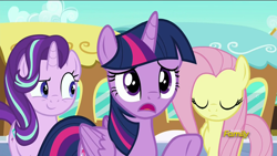 Size: 1280x720 | Tagged: safe, screencap, fluttershy, starlight glimmer, twilight sparkle, twilight sparkle (alicorn), alicorn, pegasus, pony, the crystalling, discovery family logo, female, mare