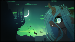 Size: 1920x1080 | Tagged: safe, artist:tenebristayga, queen chrysalis, changeling, changeling queen, canterlot, crescent moon, female, fluffy, green sky, invasion, moon, night, sky