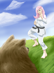 Size: 3000x4000 | Tagged: safe, artist:xeolan, fluttershy, bear, black belt, clothes, fearless, gi, humanized, karate, martial arts, robe, trousers