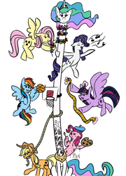 Size: 720x1000 | Tagged: safe, artist:pink-pone, derpibooru import, applejack, fluttershy, pinkie pie, princess celestia, rainbow dash, rarity, twilight sparkle, twilight sparkle (alicorn), alicorn, earth pony, giraffe, pegasus, pony, unicorn, basketball, flower, impossibly long neck, long neck, magic, mane six, measuring tape, painting, rope, simple background