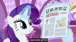 Size: 920x512 | Tagged: safe, screencap, rarity, snails, snips, pony, unicorn, newspaper, youtube caption