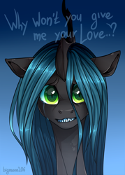 Size: 1000x1400 | Tagged: safe, artist:bigmoon206, queen chrysalis, changeling, changeling queen, bronybait, crying, cute, cutealis, dialogue, female, gradient background, looking at you, sad, signature, solo