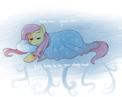 Size: 750x600 | Tagged: safe, artist:rosewhistle, fluttershy, pegasus, pony, blanket, pillow, sleeping, solo