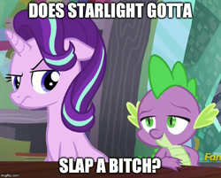 Size: 620x499 | Tagged: safe, edit, edited screencap, screencap, spike, starlight glimmer, dragon, pony, unicorn, the crystalling, image macro, meme, text edit, vulgar