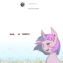 Size: 1200x1200 | Tagged: safe, artist:cold-blooded-twilight, twilight sparkle, ask, explicit source, lily (flower), solo, tumblr