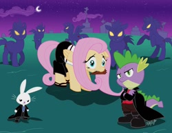 Size: 1200x925 | Tagged: safe, artist:scruffytoto, angel bunny, fluttershy, spike, dragon, pegasus, pony, vampire, vampony, angel (buffyverse), buffy the vampire slayer, namesake, pun, spike (buffyverse)