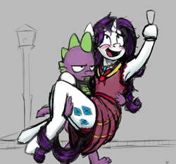 Size: 1280x1195 | Tagged: safe, artist:gordonfreeguy, rarity, spike, dragon, pony, semi-anthro, unicorn, armpits, bipedal, carrying, clothes, dress, drink, drunk, drunk rarity, female, gala dress, holding a pony, interspecies, male, martini, panties, shipping, sparity, straight, streetlight, underwear