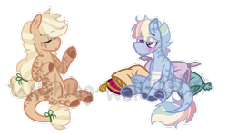 Size: 900x538 | Tagged: safe, artist:wishing-well-artist, derpibooru import, applejack, rainbow dash, monster pony, original species, pony, tatzlpony, bandage, pillow, simple background, species swap, transparent background, watermark