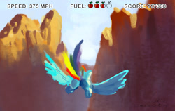 Size: 1730x1096 | Tagged: safe, artist:xbi, derpibooru import, rainbow dash, pegasus, pony, 30 minute art challenge, fake game screenshot, flying, scenery, video game